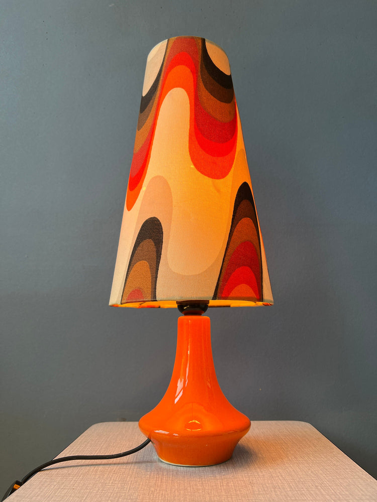 Orange Space Age Table Lamp - Flower Pattern Shade - Ceramic Red Base - Mid Century Lamp