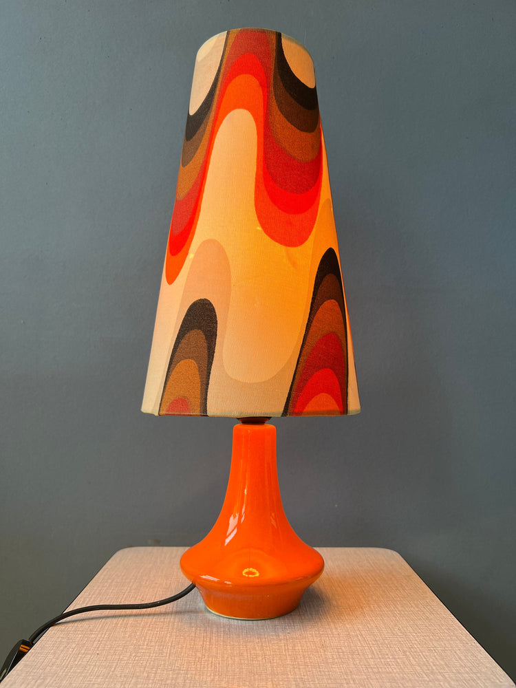 Orange Space Age Table Lamp - Flower Pattern Shade - Ceramic Red Base - Mid Century Lamp