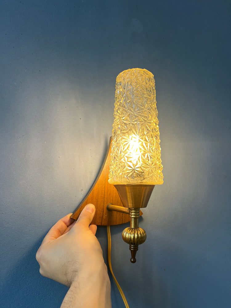 Vintage Teak Wood Clear Glass Wall Sconce Lamp