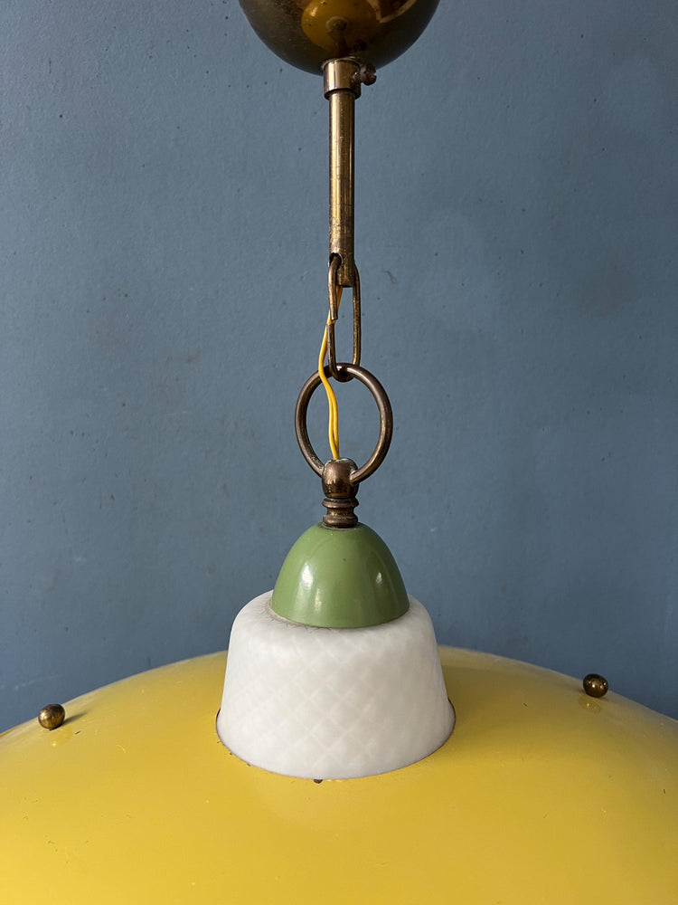 Yellow Vintage 50s Mid Century Opaline Glass and Brass Lantern Pendant Lamp