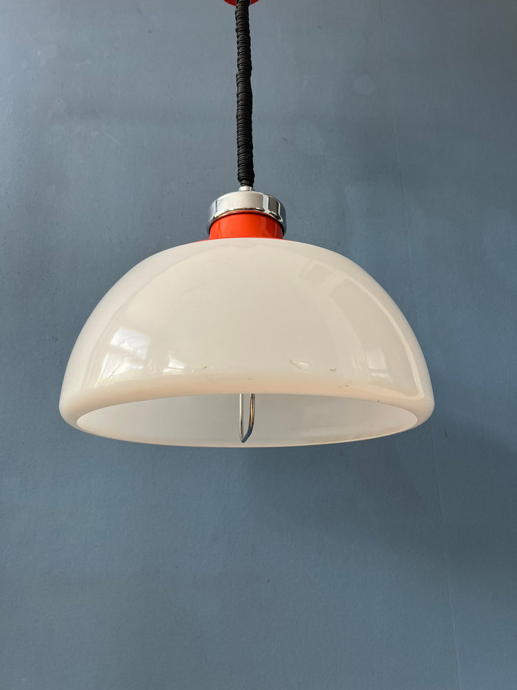 Mid Century White Plexiglass Massive Space Age Pendant Lamp with Red Top Cap