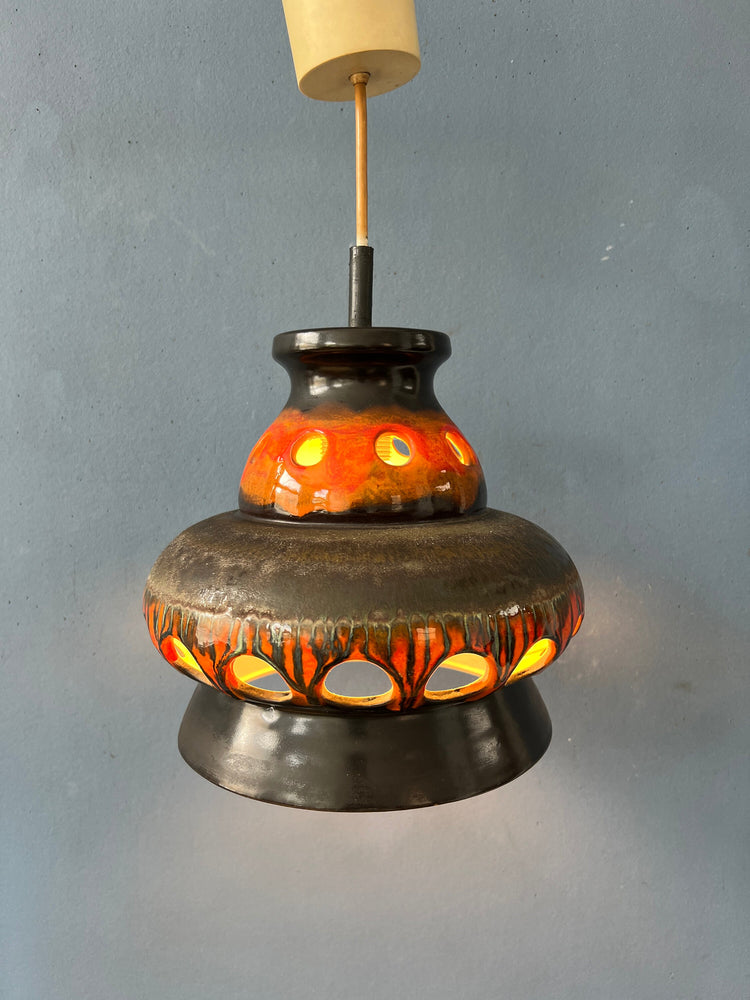 Red and Black Mid Century West Germany Ceramic Pendant Lamp