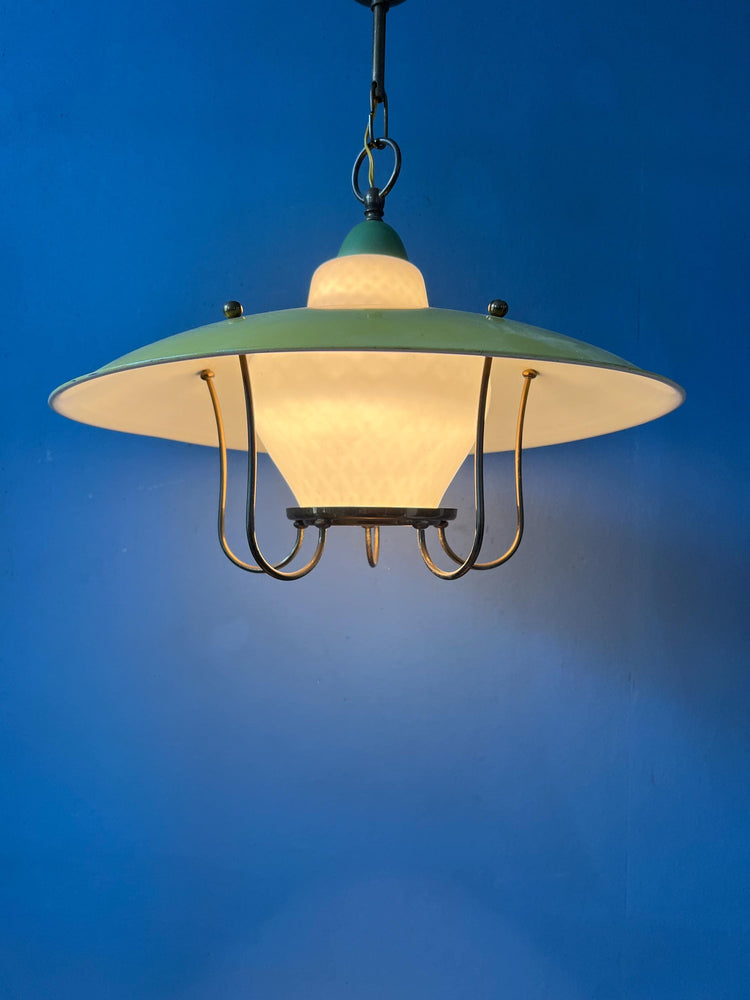 Yellow Vintage 50s Mid Century Opaline Glass and Brass Lantern Pendant Lamp