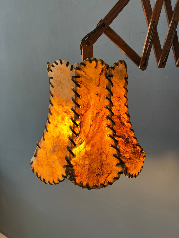 Teak Wood Scissor Wall Lamp with Warm-Toned Shade