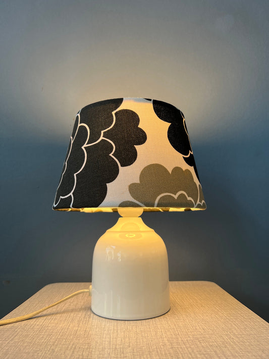 Small Space Age Table Lamp with Porcelain Base and Black and White Flower Shade