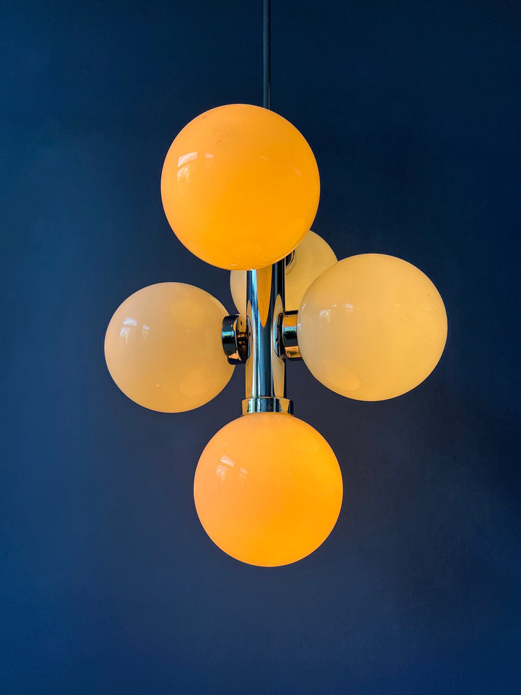 70s Sputnik Chandelier - Chrome Space Age Pendant Lamp - Opaline Glass Light Fixture