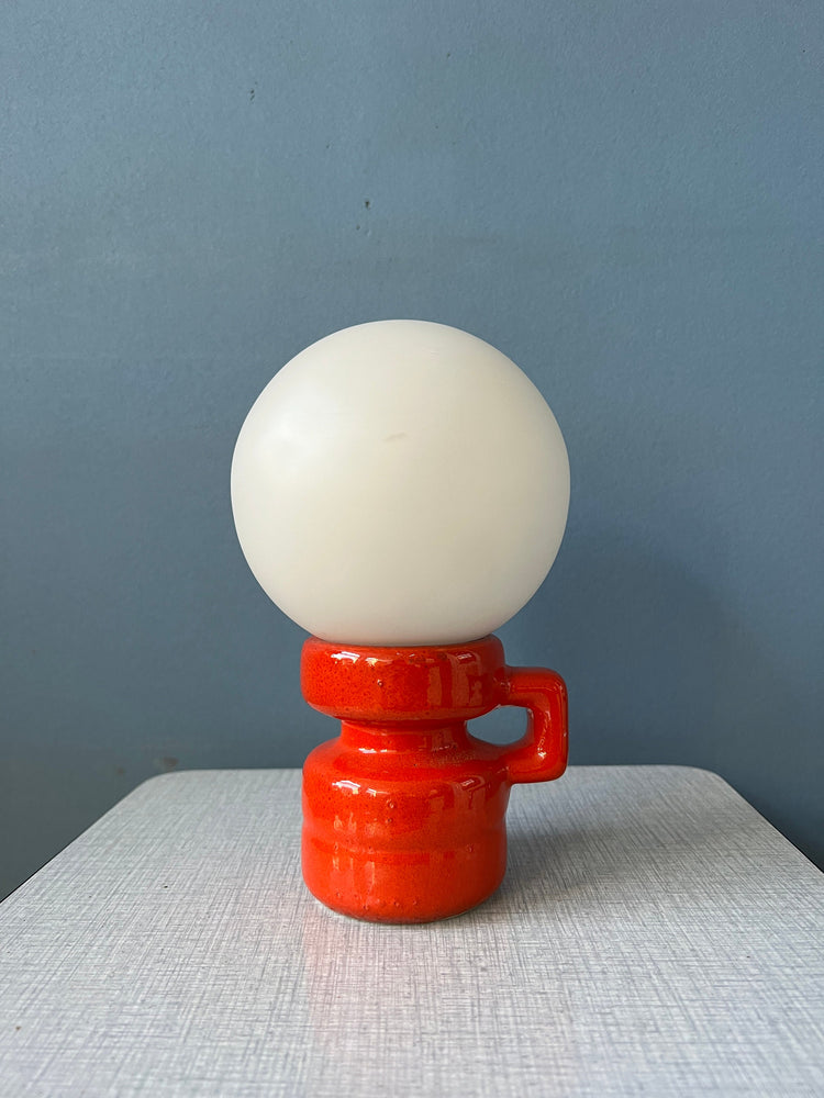 Red Mid Century West Germany Ceramic Table Lamp with White Opaline Glass Shade