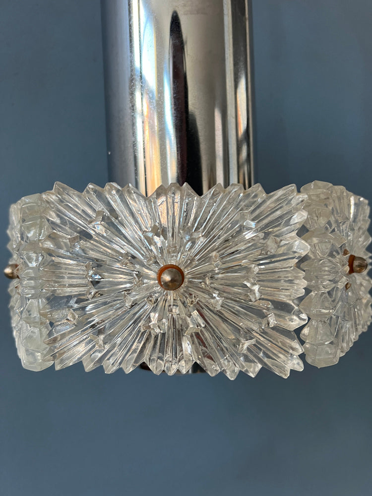 Mid Century Crystal Glass Hanging Lamp with Chrome Frame