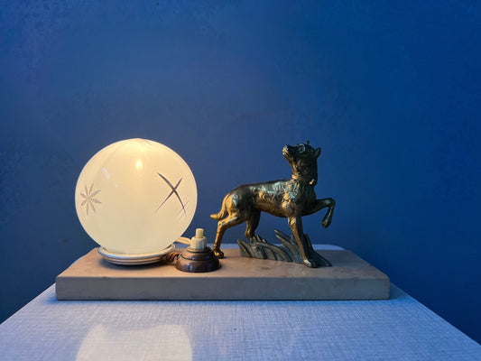 Art Deco Table Lamp with Opaline Glass Shade and Wolf Figure