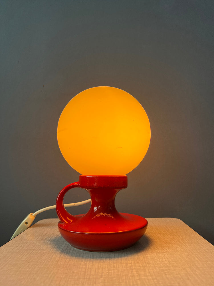 Red Mid Century West Germany Ceramic Table Lamp with White Opaline Glass Shade