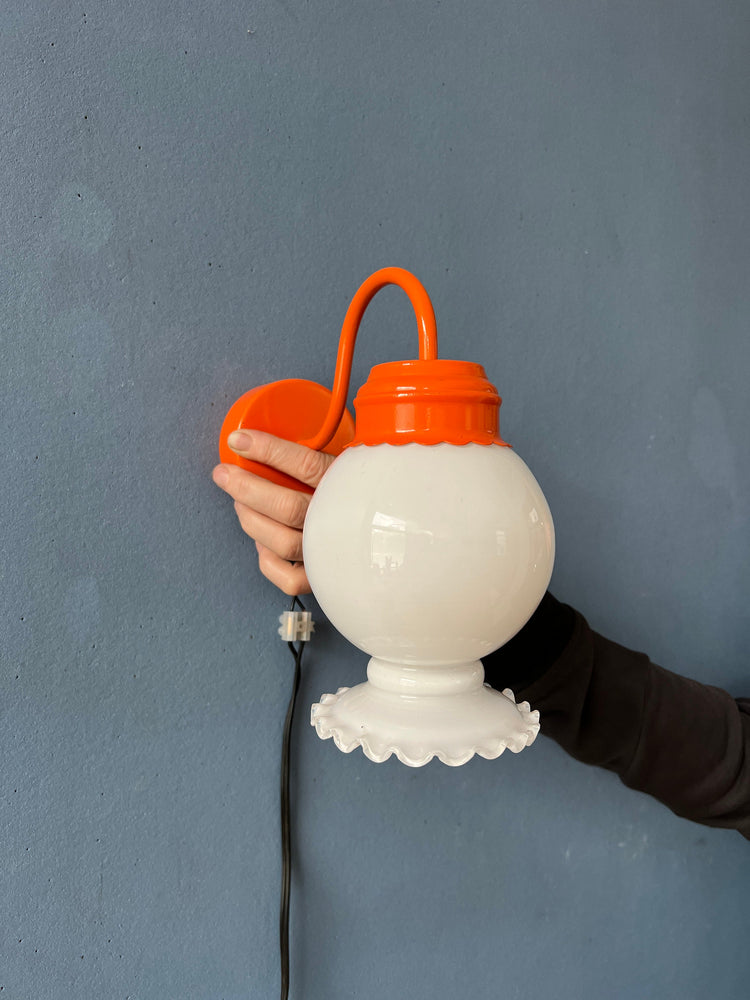 Set (2) of Opaline Glass Wall Lamps with Orange Metal Frame