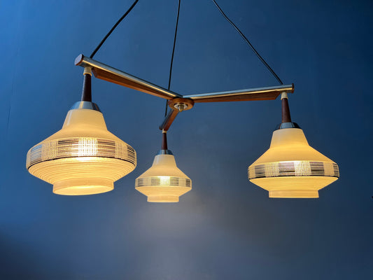 Danish Cascade Pendant Lamp with Three Opaline Glass Shades and Teak Wood Elements