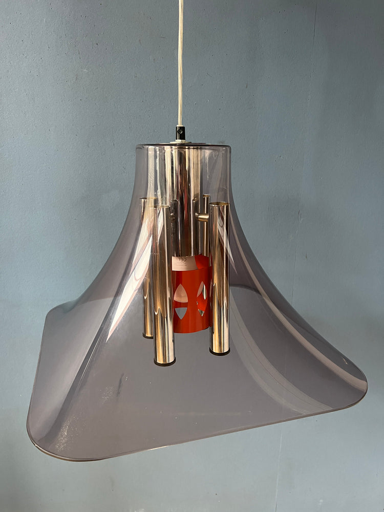 Rare Space Age Hat Pendant Lamp with Acrylic Glass Shade and Chrome Inner Frame