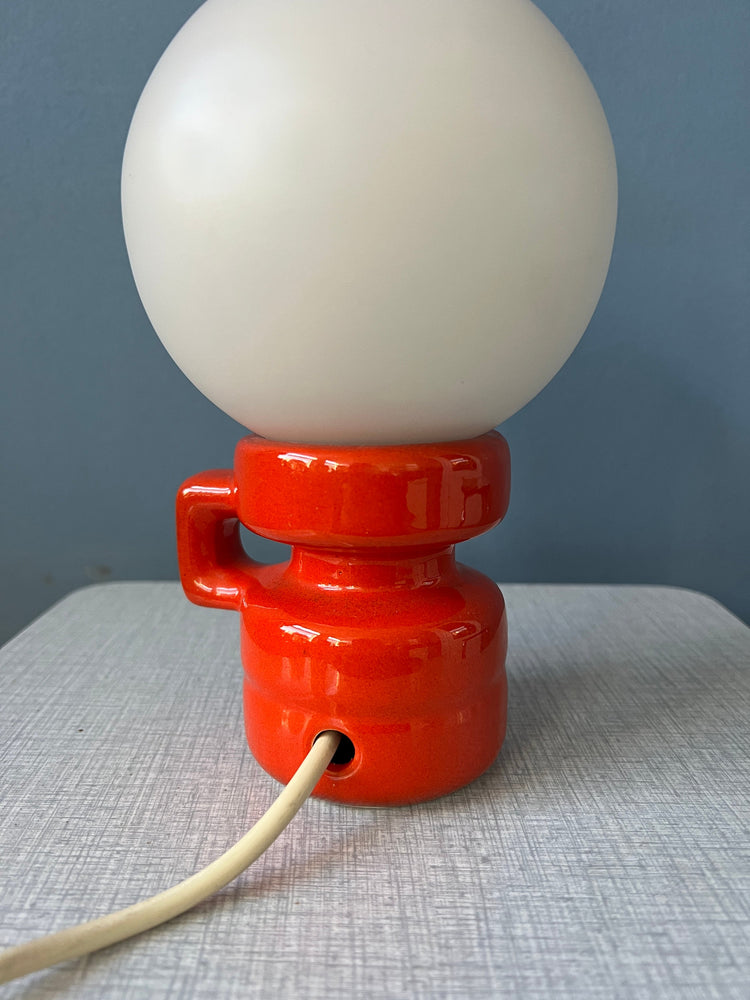 Red Mid Century West Germany Ceramic Table Lamp with White Opaline Glass Shade