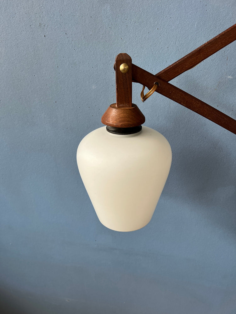 Mid Century Scissor Wall Lamp with Opaline Glass Shade | Vintage Wooden Light | 70s Retro Lighting