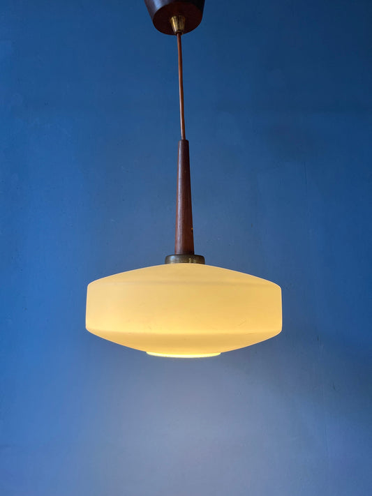 Mid Century Milk Glass Pendant Light by Louis Kalff for Philips with Teak Wood Top Cap