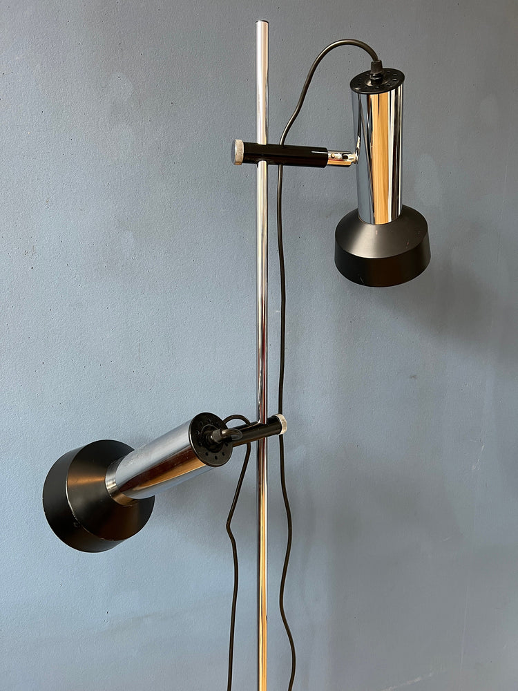 Mid Century Floor Lamp with Two Black/Chrome Spots