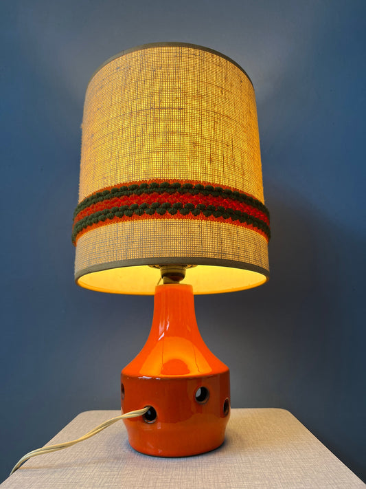 Orange Ceramic Table Lamp - Space Age Desk Light - Textile Shade - 70s Lighting