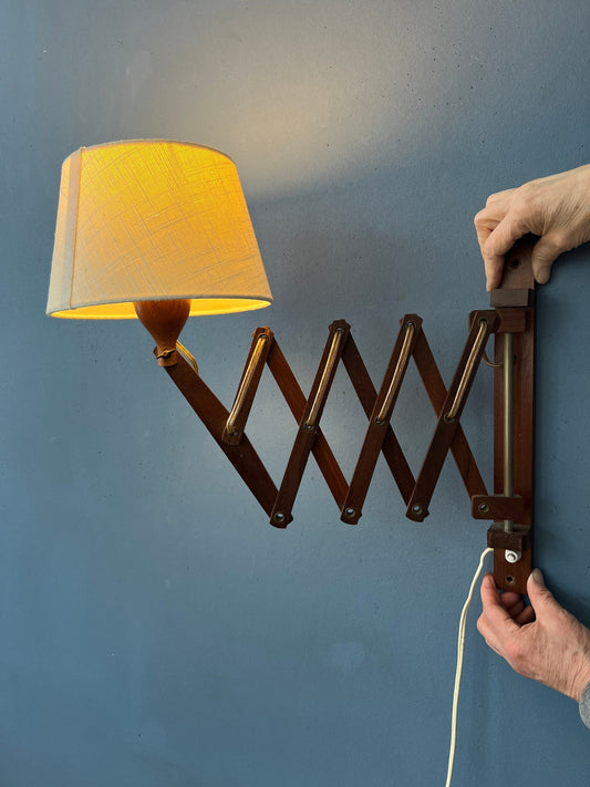 Teak Wood Scissor Wall Lamp with Beige Shade