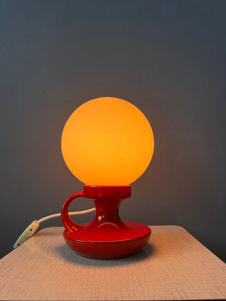 Red Mid Century West Germany Ceramic Table Lamp with White Opaline Glass Shade