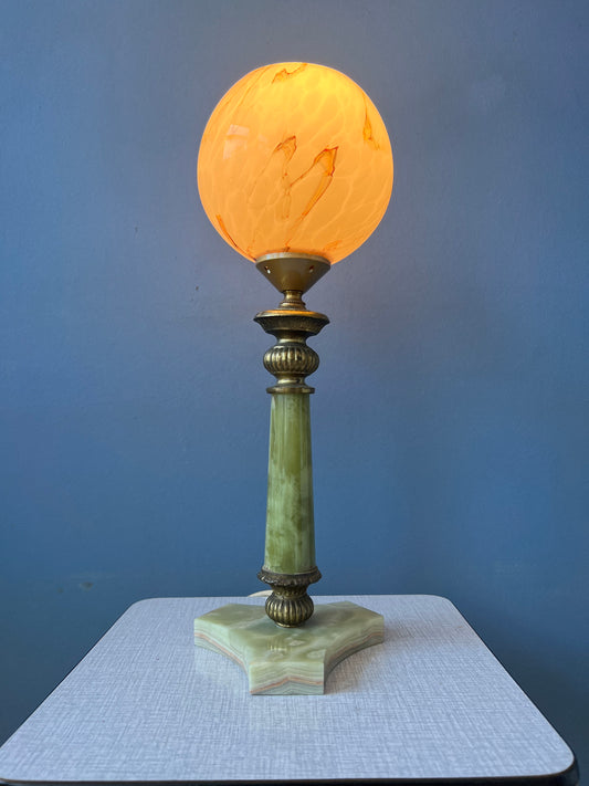 Art Deco Table Lamp - Pink Glass Desk Light - Green Marble Base - Decorative Gold