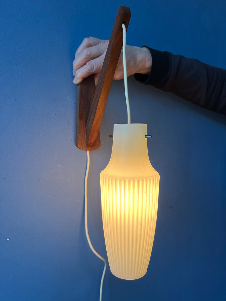 Danish Teak Wood Wall Lamp with White Opaline Glass Shade