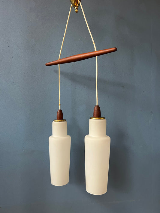 Danish Pendant Lamp with Two Opaline Glass Shades and Teak Wood Elements