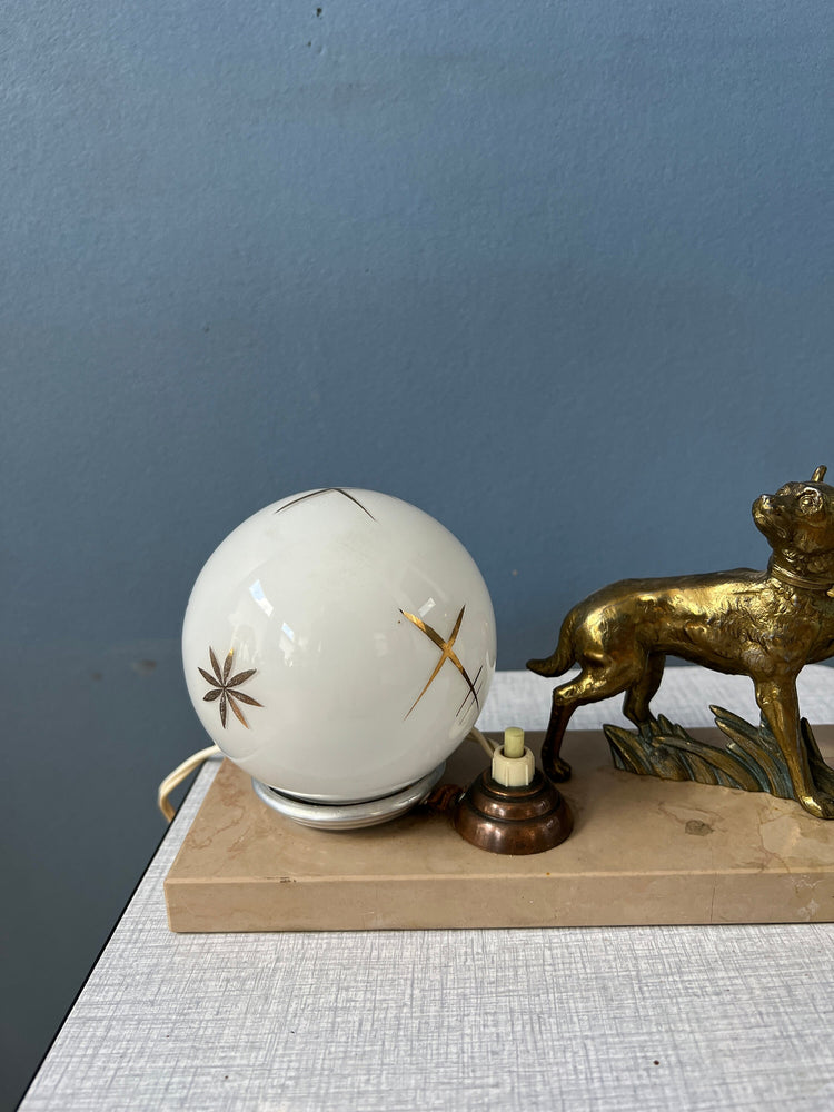 Art Deco Table Lamp with Opaline Glass Shade and Wolf Figure