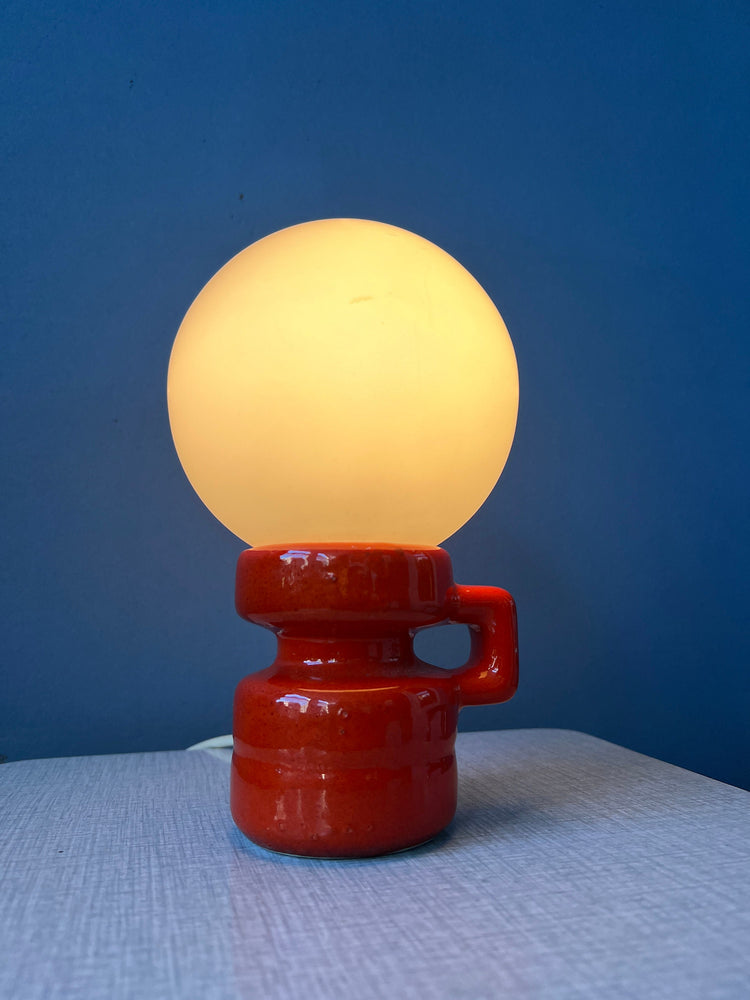 Red Mid Century West Germany Ceramic Table Lamp with White Opaline Glass Shade