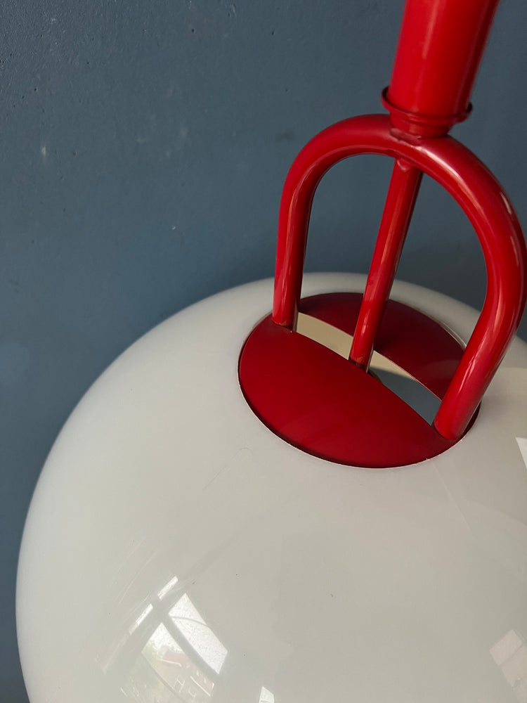 Massive Red Frame Pendant Lamp with White Plexiglass Shade