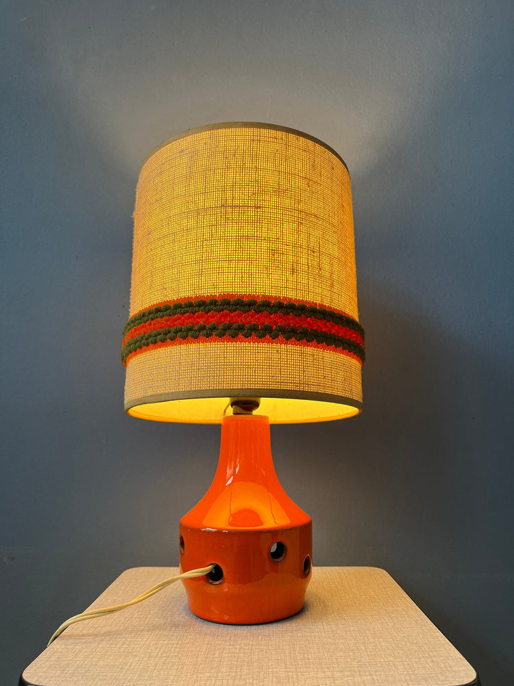 Orange Ceramic Table Lamp - Space Age Desk Light - Textile Shade - 70s Lighting