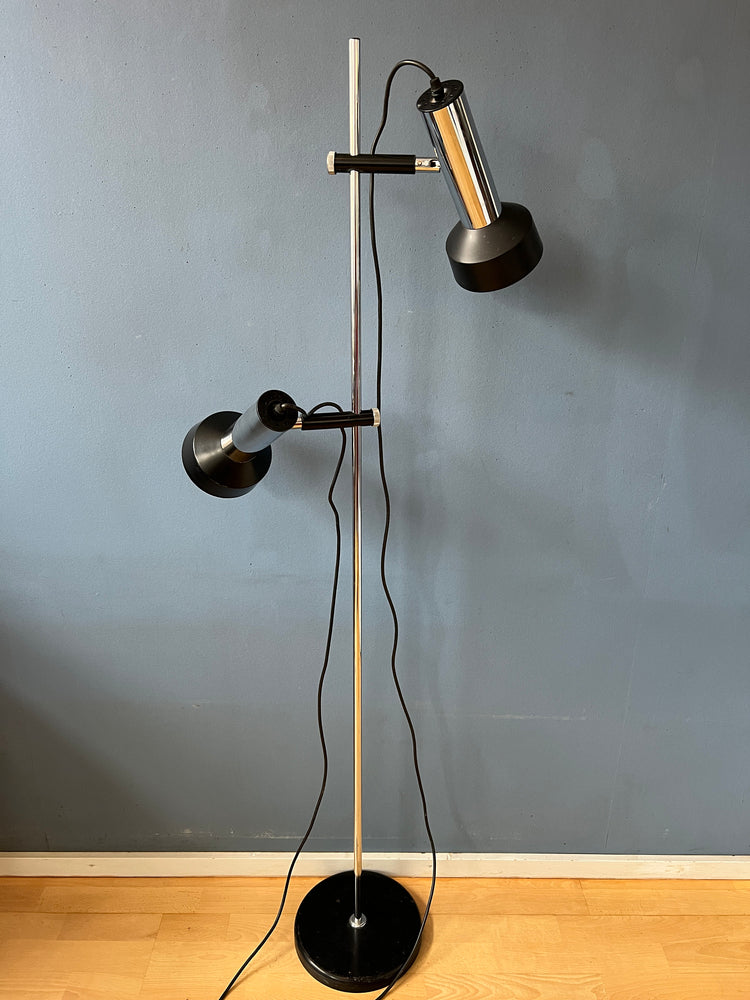 Mid Century Floor Lamp with Two Black/Chrome Spots