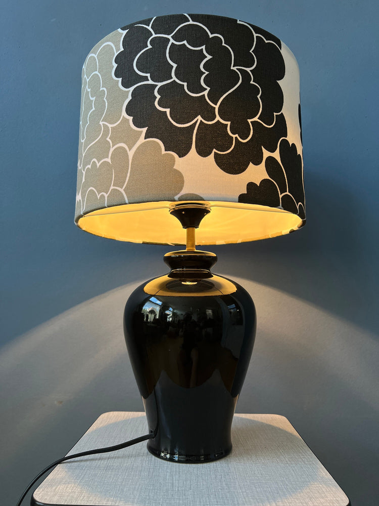 Small Space Age Table Lamp with Porcelain Base and Black and White Flower Shade