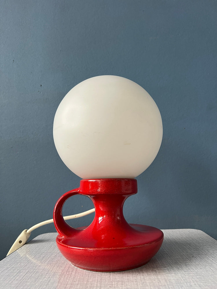 Red Mid Century West Germany Ceramic Table Lamp with White Opaline Glass Shade