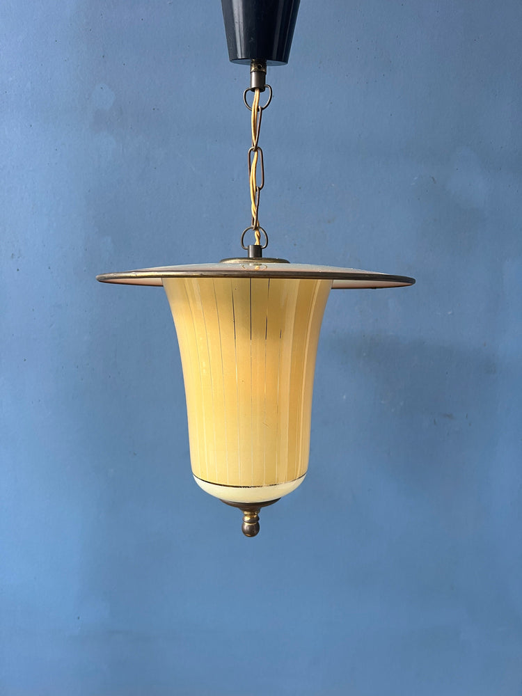 Vintage 50s Glass and Brass Lantern Pendant Lamp