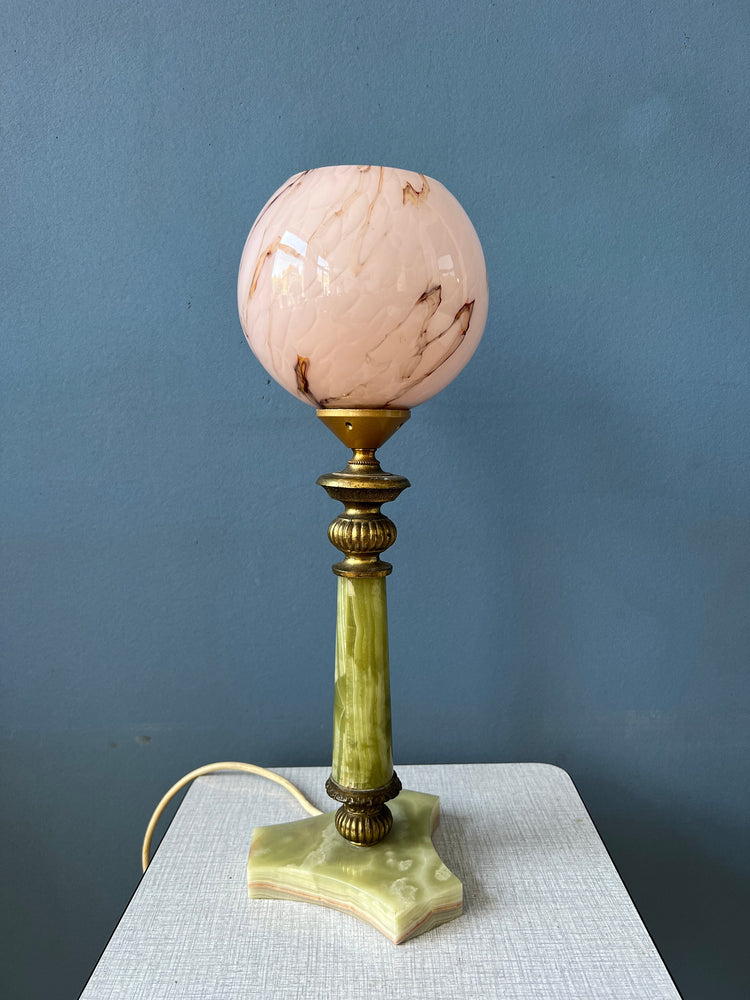 Art Deco Table Lamp - Pink Glass Desk Light - Green Marble Base - Decorative Gold
