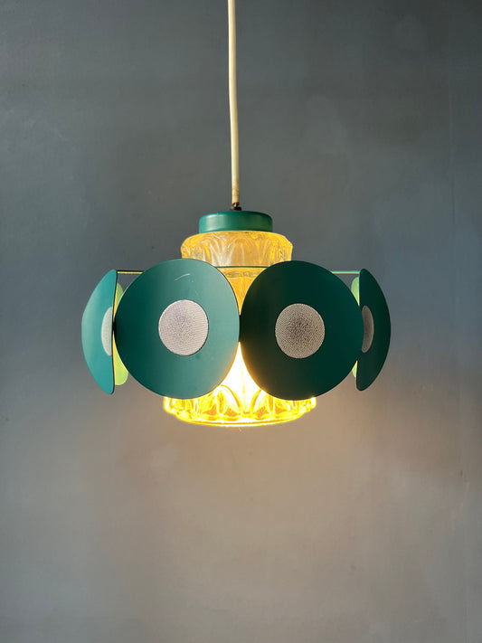 Space Age Pendant Lamp with Glass Shade and Green/Blue Metal Frame