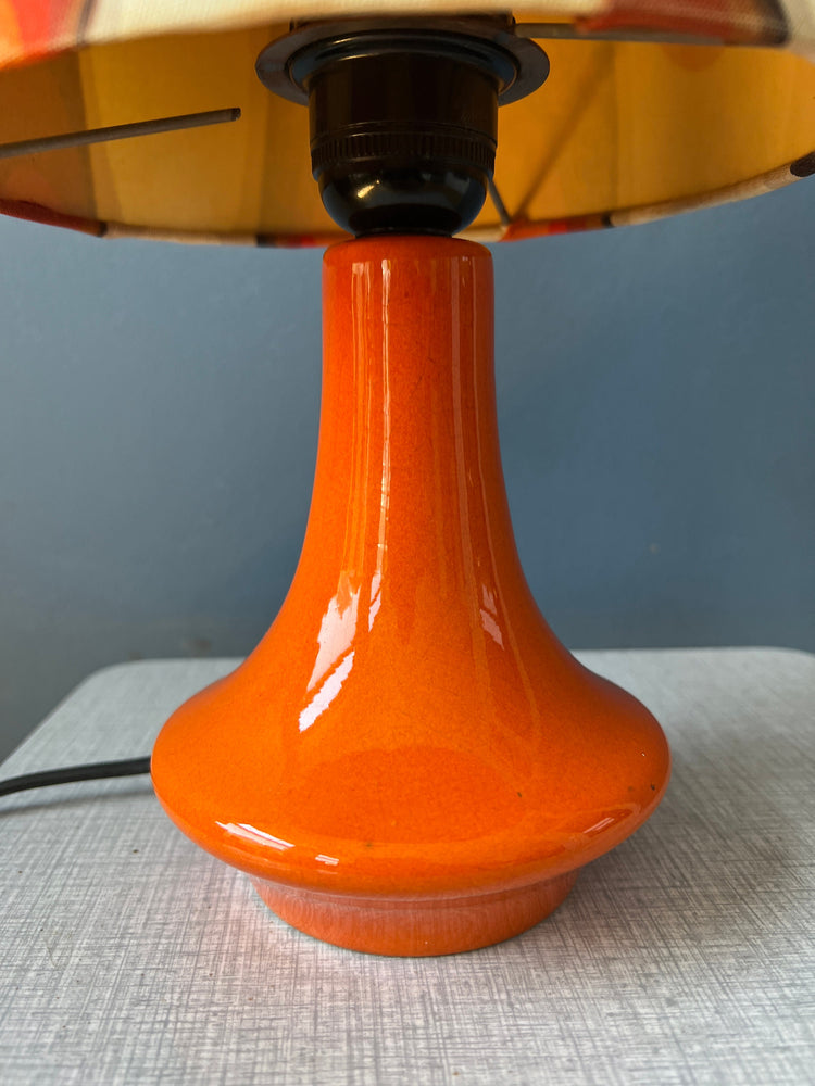 Orange Space Age Table Lamp - Flower Pattern Shade - Ceramic Red Base - Mid Century Lamp