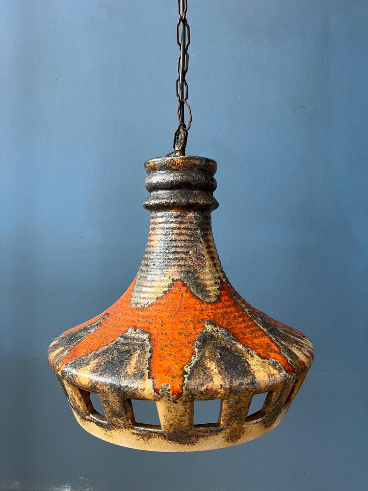 West Germany Ceramic Orange and Brown Pendant Lamp