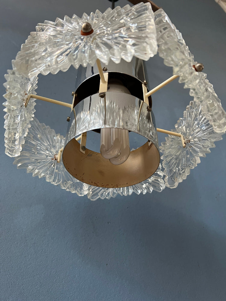 Mid Century Crystal Glass Hanging Lamp with Chrome Frame