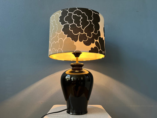 Small Space Age Table Lamp with Porcelain Base and Black and White Flower Shade