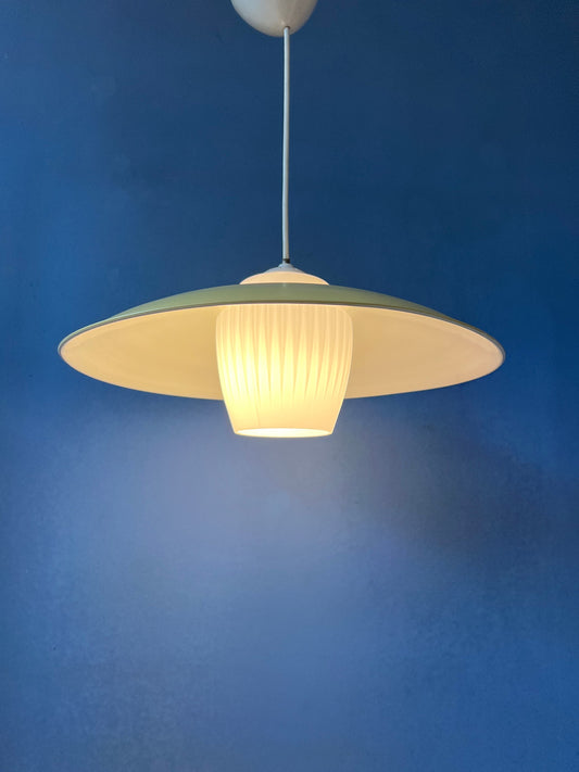 Mid Century Danish Pendant Lamp with Yellow Metal Cover and Opaline Glass Shade