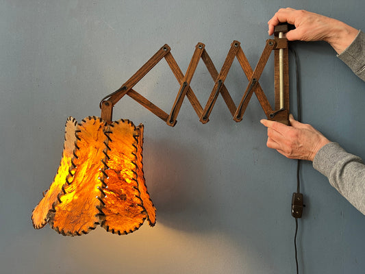 Teak Wood Scissor Wall Lamp with Warm-Toned Shade