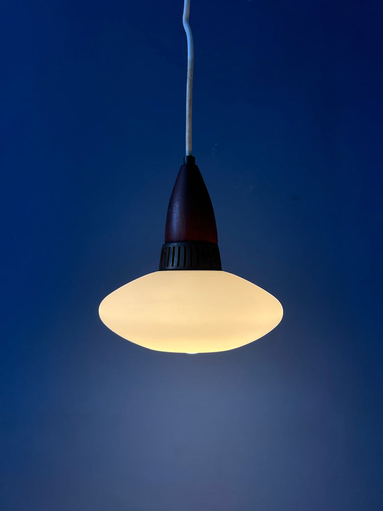 Small Mid Century Teak Wood Opaline Glass Pendant Lamp