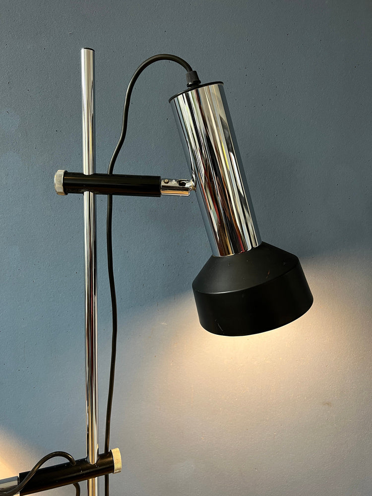 Mid Century Floor Lamp with Two Black/Chrome Spots