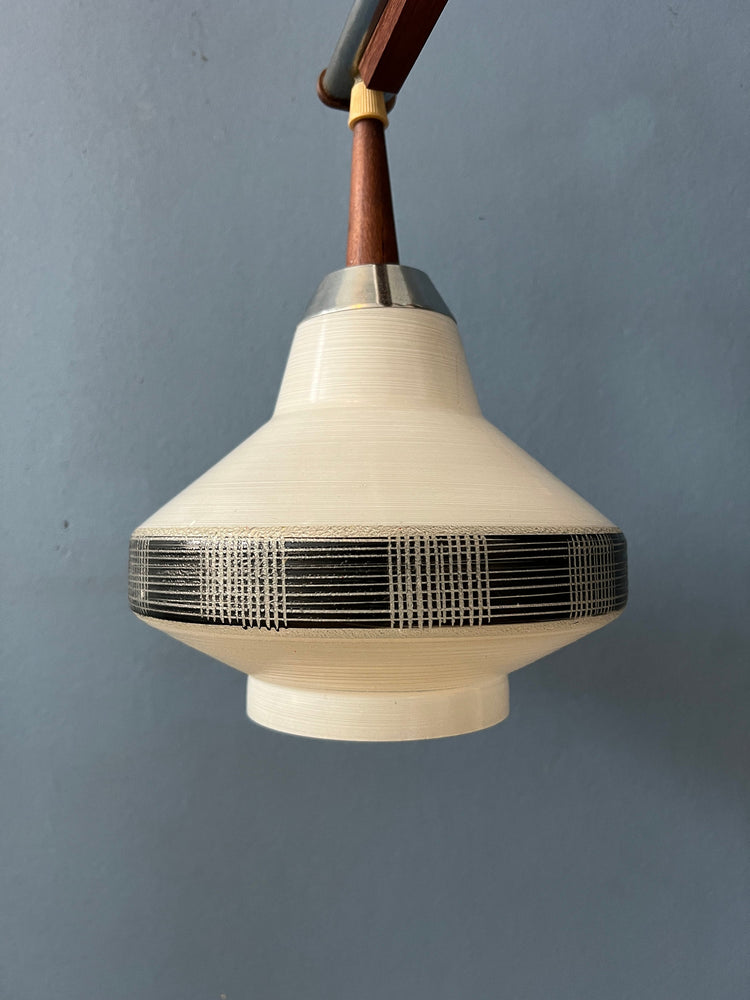 Danish Cascade Pendant Lamp with Three Opaline Glass Shades and Teak Wood Elements