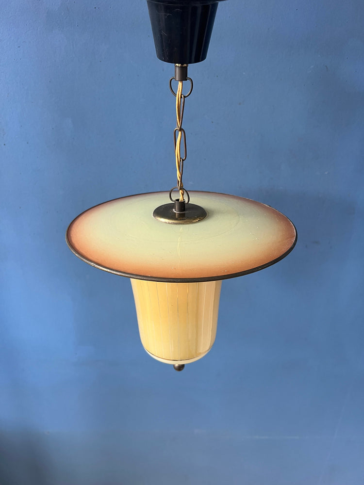 Vintage 50s Glass and Brass Lantern Pendant Lamp