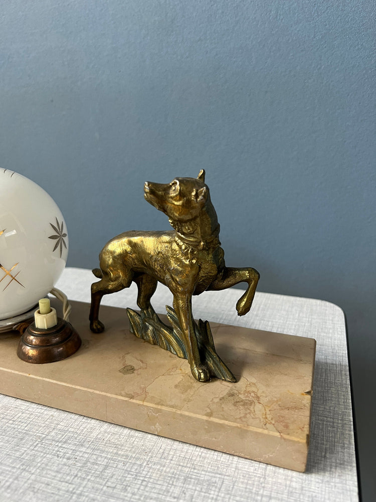 Art Deco Table Lamp with Opaline Glass Shade and Wolf Figure