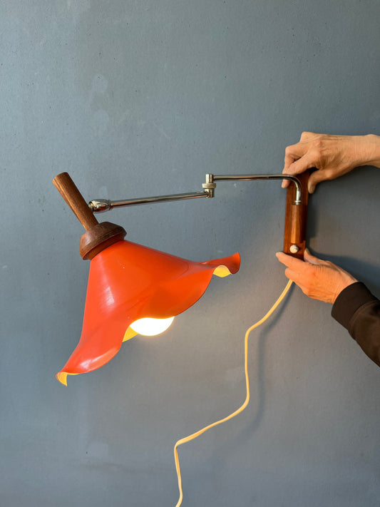 Red Swing Arm Wall Lamp - Teak Sconce - Red Flower Shade - Mid Century Light