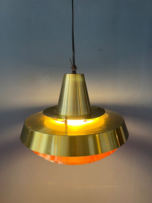 Mid Century Orange Danish Style Brass Pendant Lamp